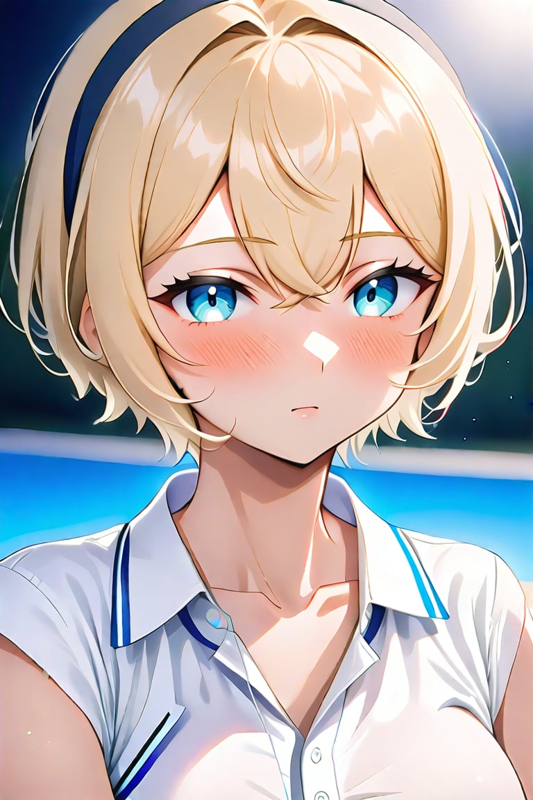 masterpiece, best quality, ultra-detailed, perfect anatomy, High detailed, detailed background, beautiful face, Claudia, nanasemei, nonomiyatsugumi, flat chest, extremely pretty face, beautiful face, ultra-detaild face, cute face, shiny blonde hairs, short hair, ultra-detailed eyes, round eyes, attractive eyes, deep blue eyes, beautiful eyebrow, (eyelashes:0.4), Bishojo, beautiful nose, parted_lips, Serious expression, blush,parted lips, During a tennis match, sport cap, holding, outdoor, sunny, dynamic angle, Three-quarter shot, dynamic pose, ,perfect fingers, score_9, score_8_up, score_7_up,anime style