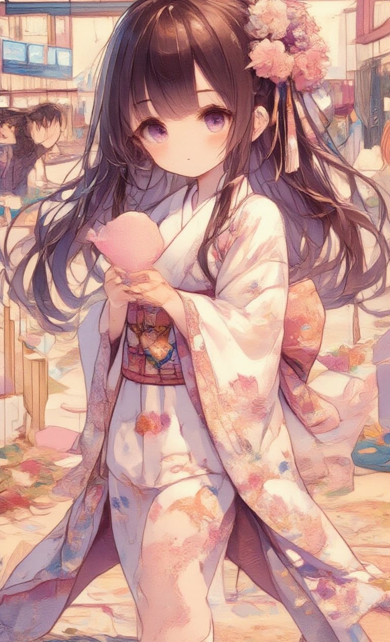 long hair, looking at viewer, blushing, bangs, multiple girls, brown hair, black hair, hair accessory, long sleeves, grabbing, (2 girls: 1.3), (back to back: 1.2), purple eyes, ahoge, side locks, food, Japanese clothing, looking back, kimono, obi, floral pattern, holding food, cotton candy, yukata, white kimono, stairs, railing,oil painting,acryli painting,Anime style,Made of adrr-zllj,colored pencil drawing