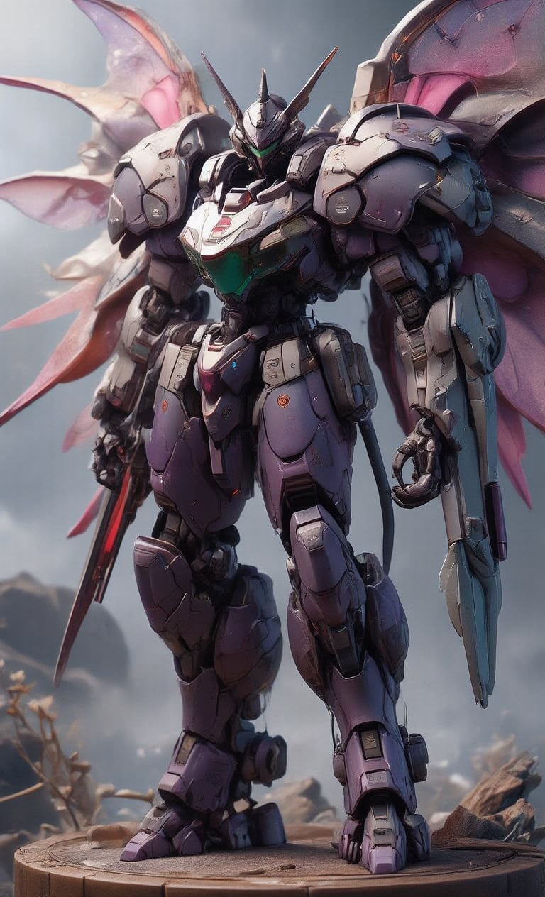 reality photo,3D figures,A futuristic warrior robot, forged from the armor of an extraterrestrial behemoth, stands majestically amidst a mystical backdrop. Mainly purple and adorned with translucent green chest armor, its flowing curves evoke organic design. Twin pink sensors glow on either side of its head, where a single plate-like antenna extends from the back, splitting into two at the tip. Two claws adorn its sleeves, while a hero's sword hangs at the ready in its hand. Its legs seamlessly integrate with a hovering base, giving the illusion of weightlessness. Iridescent insect-like wings stretch from its back, punctuated by three sharp claws on its feet, exuding strength. Soft, ethereal lighting highlights the robot's complex textures and armored beast elements against a misty, otherworldly landscape.Detailed 3D rendering,real robot,create figure 2