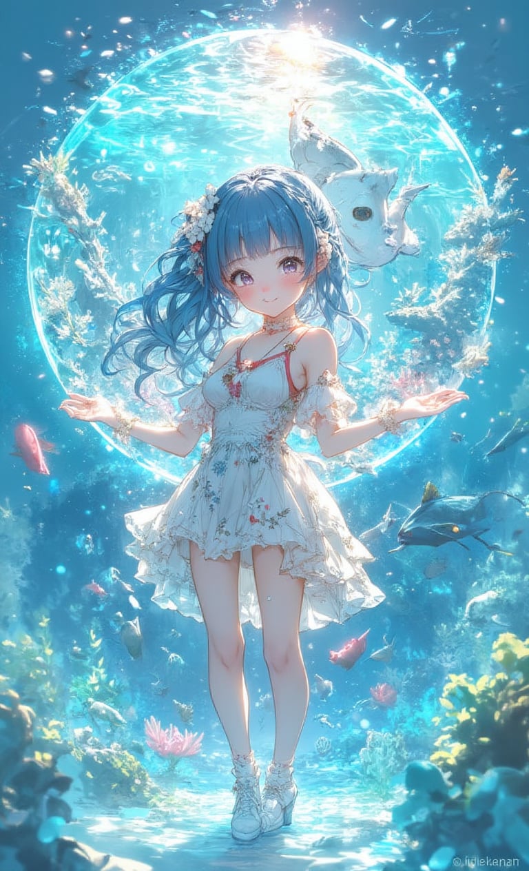 A cute smiling girl has wavy blue hair and is wearing a seashell hair ornament. She is wearing a white bikini-style dress and is surrounded by glistening fish in the crystal clear ocean. The background is a simple water tone, and inside the circle is a double exposure of a beautiful coral reef scene. The camera is angled from underwater, adding a light refraction effect and a bubble effect floating around. .,fantasy girl,cool_Anime