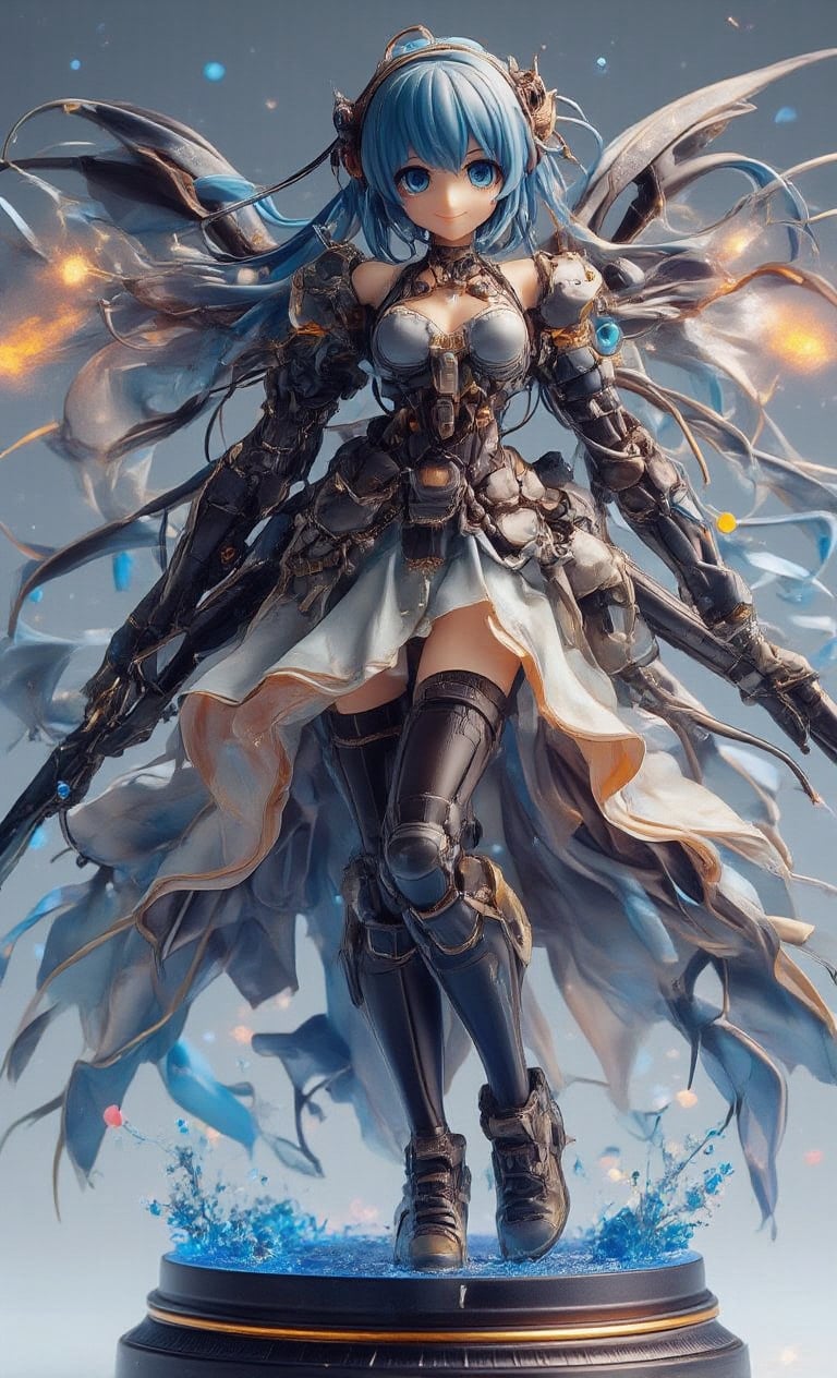 A mesmerizing scene unfolds: a single Mecha girl stands proudly, her bright blue locks flowing like a river of celestial hue. Her gaze meets ours, a warm smile spreading across her face as she blushes softly. The simplicity of the background accentuates her striking features and mechanical wings, crafted from transparent resin with a flame-effect glow. She wears an intricate dress-bodysuit adorned with armor plating, a determined grip on her weapon. Perched upon a sleek futuristic pedestal, our Mecha girl exudes confidence and power, her very presence electrifying the air.,create figure,real robot