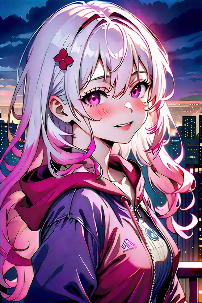 //quality, masterpiece:1.4, detailed:1.4,best quality:1.4,//,1girl,solo,//,deep pink hair,wavy hair,disheveled hair,messy hair,long bangs,hairs between eyes,(white hair),multicolored hair,beautiful detailed eyes,purple|red eyes,//,fashion,open clothes,gloves,//, blush,expressionless,//,sitting on rooftop,//,windy,dark background,night,moonlight,(flying flower_petals),purple|red flower_petals,purple theme,pov flowers,orchid flowers,cityscape, scenery, scenery focus,full_moon, horizon,from_above, perfect lighting,kawaii,Anime style