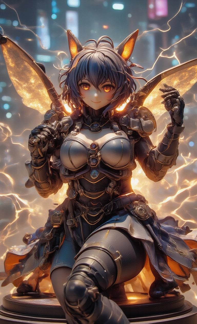 A dynamic pose: A solo Mecha girl stands triumphantly, framed against a cityscape backdrop of neon-lit skyscrapers at dusk, with the sun's warm glow casting a golden light on her celestial blue hair. Her bright smile and soft blush as she gazes directly at us, accentuating her striking features, radiate confidence and power. The transparent resin wings with flame-effect glow, crafted in intricate detail, complement the armor-plated dress-bodysuit that wraps her lithe figure like a futuristic exoskeleton. Confidently grasping her weapon, she sits atop a sleek futuristic pedestal, surrounded by a halo of electricity and energy, as if ready to unleash a burst of power at any moment.,create figure,real robot