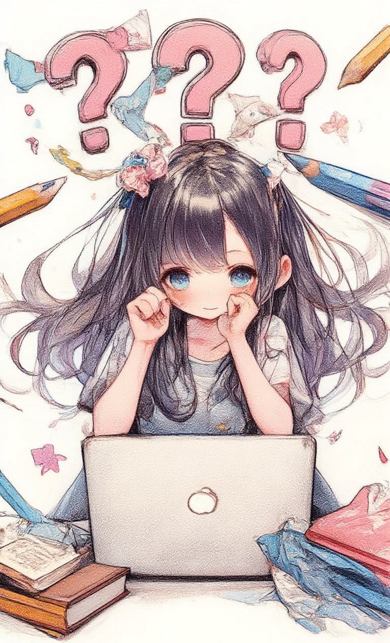 1 girl, solo, chest, looking at viewer, blushing, medium length hair, black hair, simple background, shirt, hair accessory, white background, laptop, blue eyes, hands up, upper body, short sleeves, shiny, tears, shiny hair, book, wavy mouth, ?, @ @, question mark,,acryli painting,Anime style,colored pencil drawing,