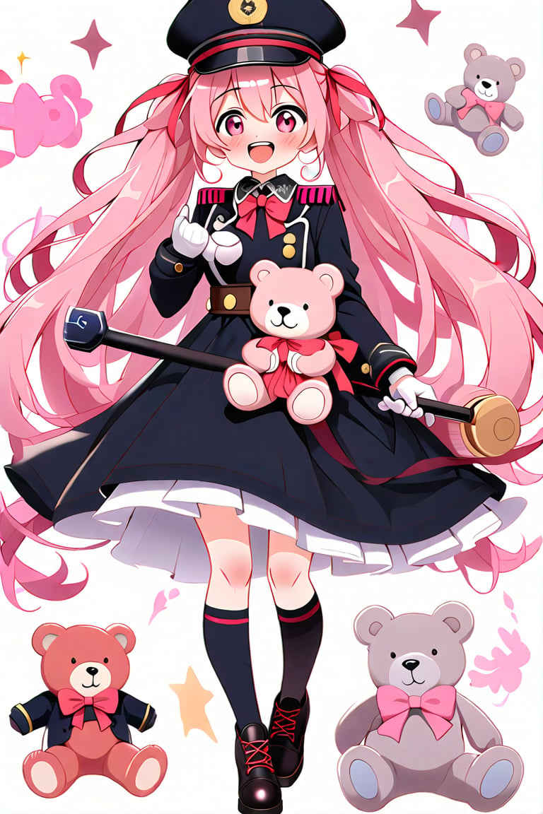 (score_9, score_8_up, score_7_up), 1girl, pink hair, solo, long hair, gloves, two side up, hat, holding, black gloves, smile, black footwear, open mouth, looking at viewer, short sleeves, black headwear, dress, teddy bear, black dress, black eyes, peaked cap, bow, boots, weapon, sword, bowtie, holding weapon, blush, very long hair, skirt, :d, standing, belt, holding sword, grey eyes, uniform,anime style