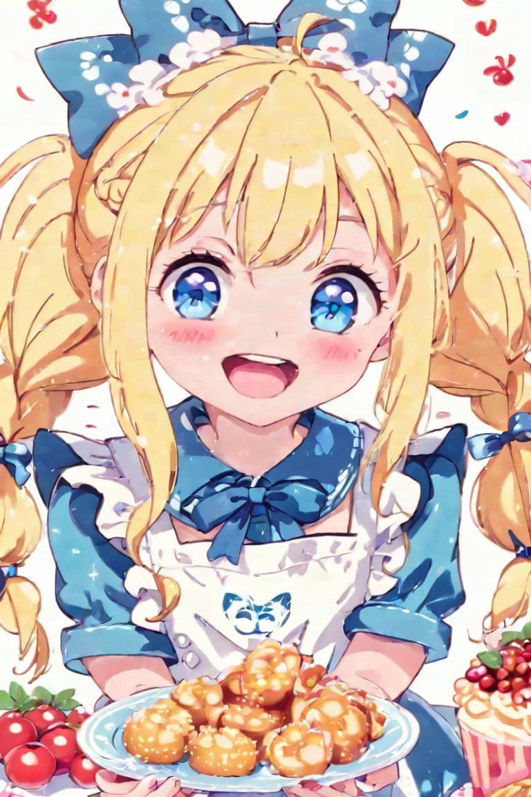 1 girl, solo, long hair, looking at viewer, simple background, blushing, smiling, mouth open, bangs, blue eyes, blonde hair, dress, ribbon, bow, holding, pigtails, blue eyes, hair ribbon, short sleeves, :d, hair ribbon, frills, food, puffy sleeves, apron, arms up, puffy short sleeves, fruit, blue dress, animals, blue ribbon, frilly dress, white apron, plate, cake, frilly apron, mini girl, rabbit, strawberry, giant fork, holding fork, Alice \(Alice in Wonderland\),Anime style,1girl,kawaii,vspop