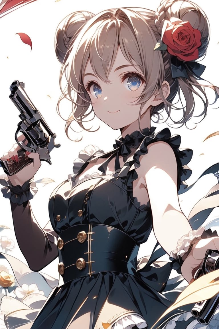 Girl with two handguns Two pistols. Dual wielding, Akimbo, Japanese anime style. black revolver. The muzzle is pointing towards you. beautiful eyes Clear eyes, smile, brown hair, bun braids, highly detailed and high quality illustrations. Simple background. White background. frills, black dress, petals, rose, frilly dress, cross, red flower, lolita fashion, red rose, gothic lolita. upper body, masterpiece, top quality, aesthetic, dual wielding,Dual_wield