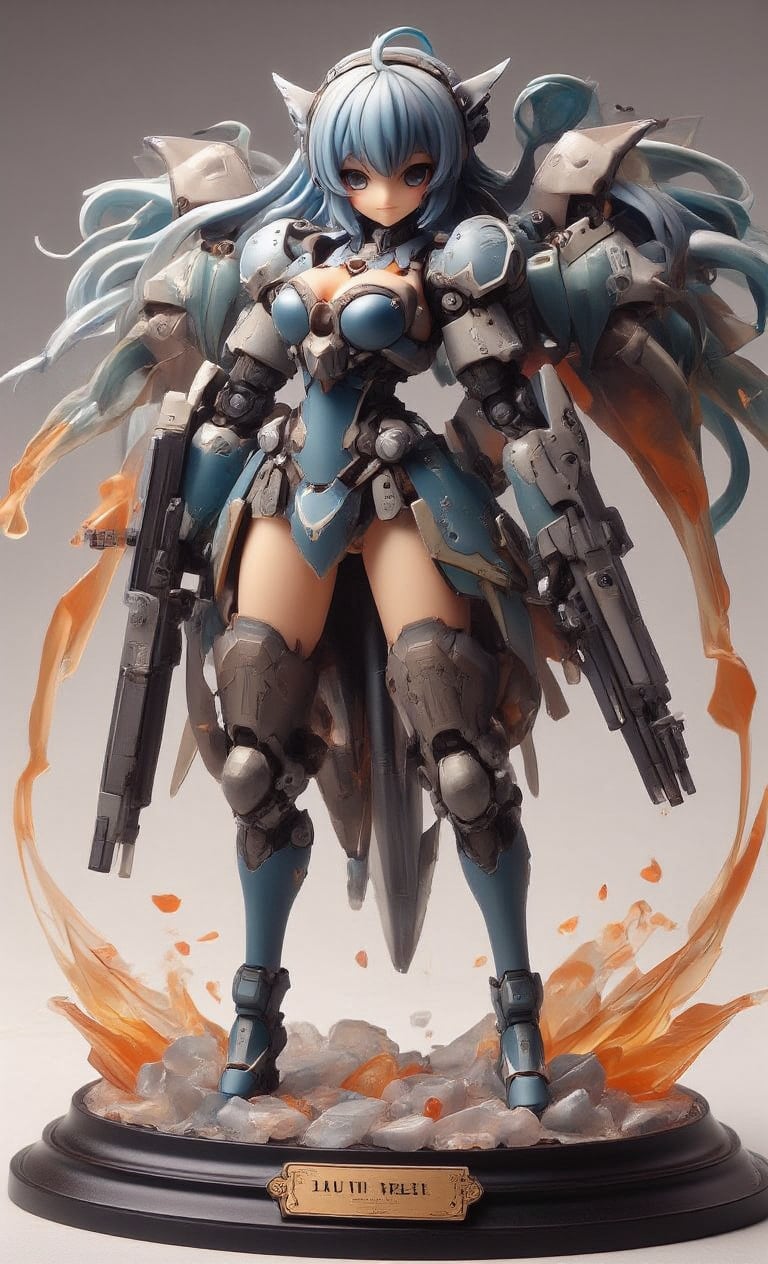 single girl, Mecha girl,reality photo, Simple background, full body,3D model, figure, resin, looking at the viewer, smiling, blushing, blue hair, long hair, floating hair, headgear, android, dress bodysuit, armor, weapon holding, mechanical wings , transparent resin flame effect parts in the background, on a futuristic pedestal,real robot,create figure 2