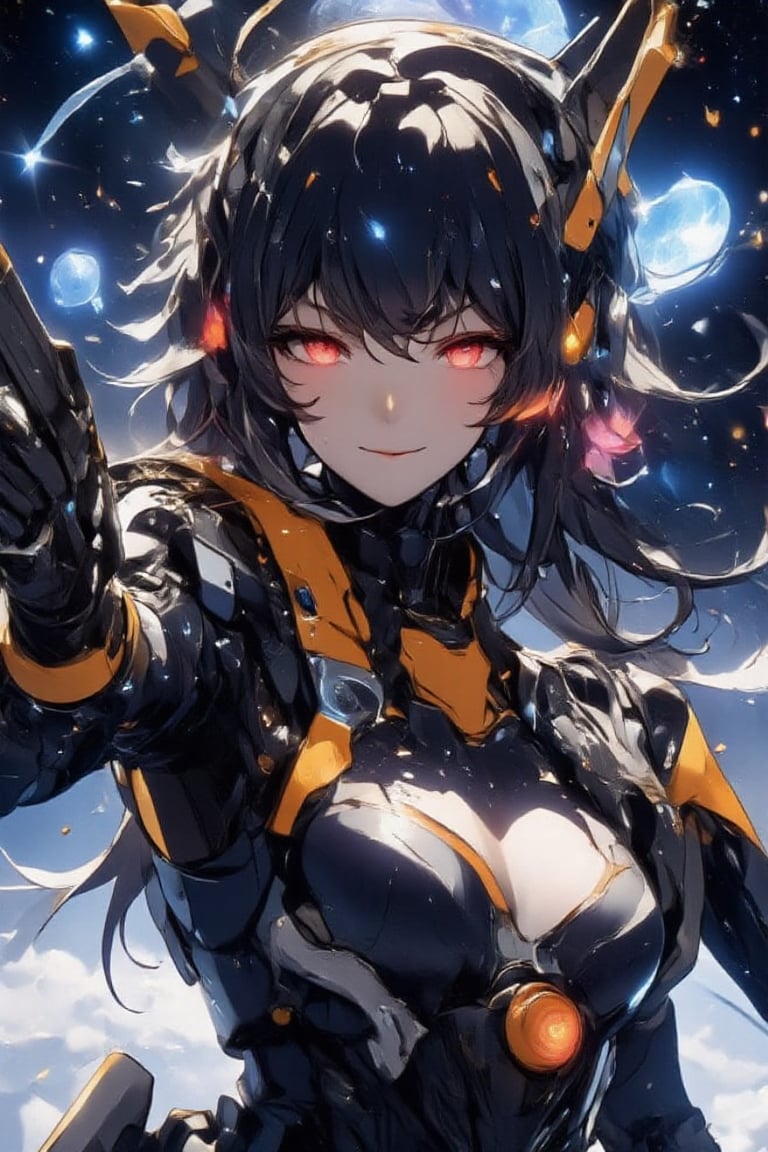 A stunning anime-style illustration depicts a charming cosplayer dressed as Gundam, exuding elegance and sophistication. The girl's bright smile (1.4) illuminates the futuristic scene as she proudly wears her helmet, adorned with a sleek V antenna. Her attractive and beautiful features are accentuated by the streamlined armored suit, which glistens under the starry lunar background. With perfect hands, she holds a gleaming beam sabre, its acryli sheen reflecting the colorful stars and earth below. The cybernetic high-tech mecha's advanced design is highlighted by the dynamic pose, striking an intimidating yet glamorous figure amidst the sci-fi cowboy shot backdrop.,acryli painting,Anime style,dal,Made of adrr-zllj,real robot