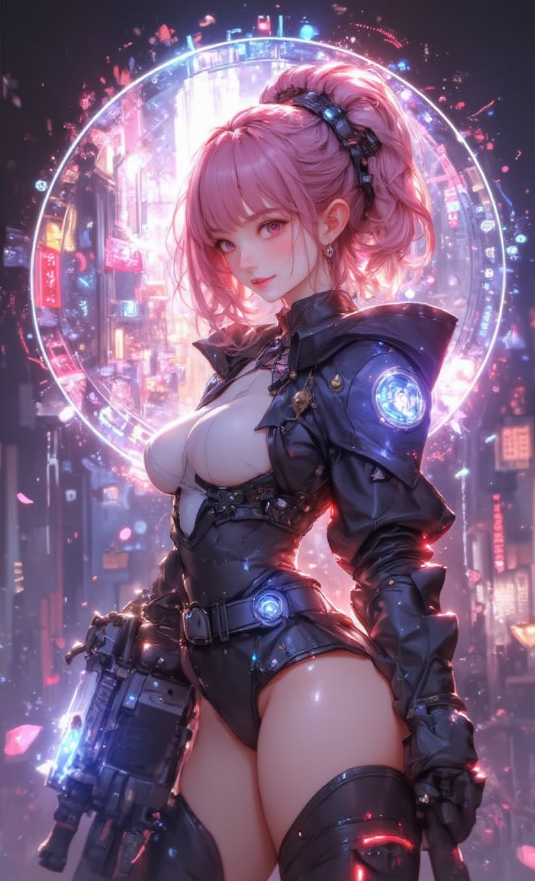 A smiling girl has bright pink short hair and is wearing an LED light hair ornament. She wears a suit with a futuristic design and carries a cyber weapon. The background has simple urban colors, and inside the circle is a double exposure of a neon-lit cyber city scene. The camera approach is from a high angle, emphasizing dynamic poses, adding lighting effects, and digital effects scattered around. .,fantasy girl,cool_Anime,VNS_Add more details