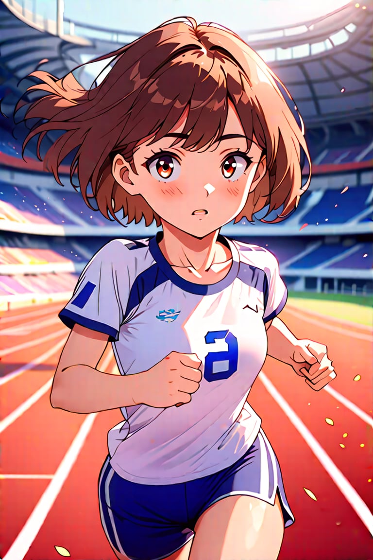 A girl (brown eyes, brown hair, short hair, athletic clothes), looking at viewer, running, she is running on an athletic track, France 2024 Olympics///detailed image, detailed skin, blush, realistic eyes, masterpiece quality, light particles, attractive image.,anime style,flat style,Anime style