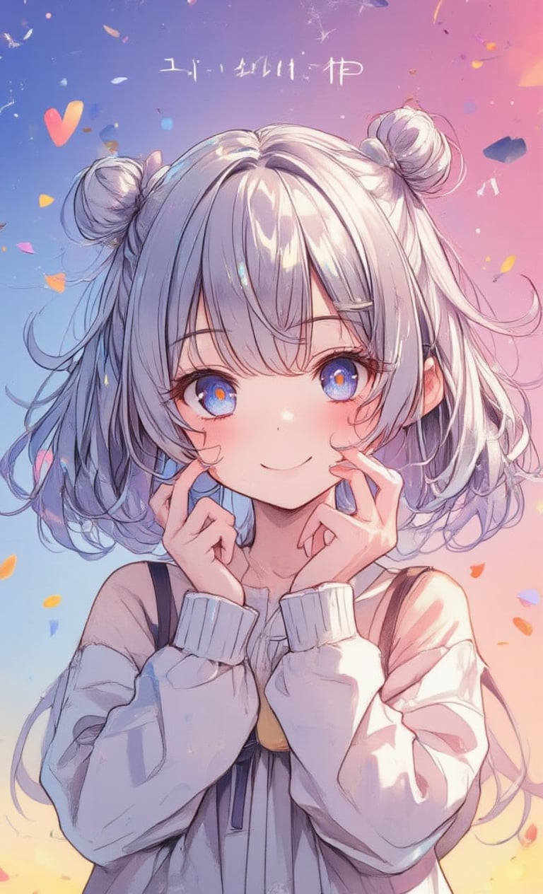 In a vibrant, gradient-hued setting, a whimsical young girl poses with an endearing smile. Her hair, a mesmerizing metallic silver, falls in an asymmetrical bob framing her heart-shaped face. Sparkling blue eyes shine gently, as she gazes shyly, her hands cupping her cheeks in a playful gesture. The simple background serves as a stunning backdrop for her artistic essence, radiating an aura of creative charm that captivates all who behold her.