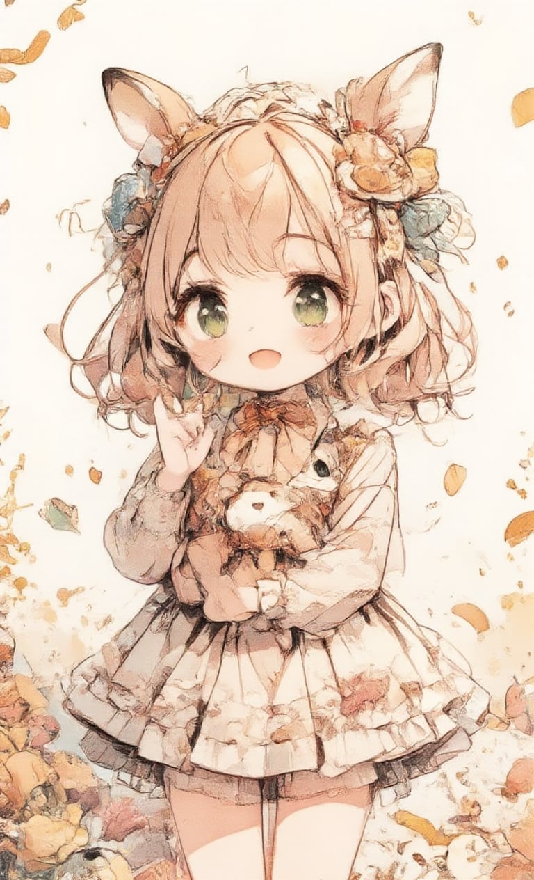 1 girl, solo, looking at viewer, blushing, smiling, short hair, open mouth, bangs, blonde hair, hair accessory, long sleeves, dress, bow, hug, green eyes, :d, chibi, arms up, two-sided up, animal, hair tie, child, rabbit, waving, food themed hair accessory, hugging animal,acryli painting,Anime style,colored pencil drawing,Chibi-chan