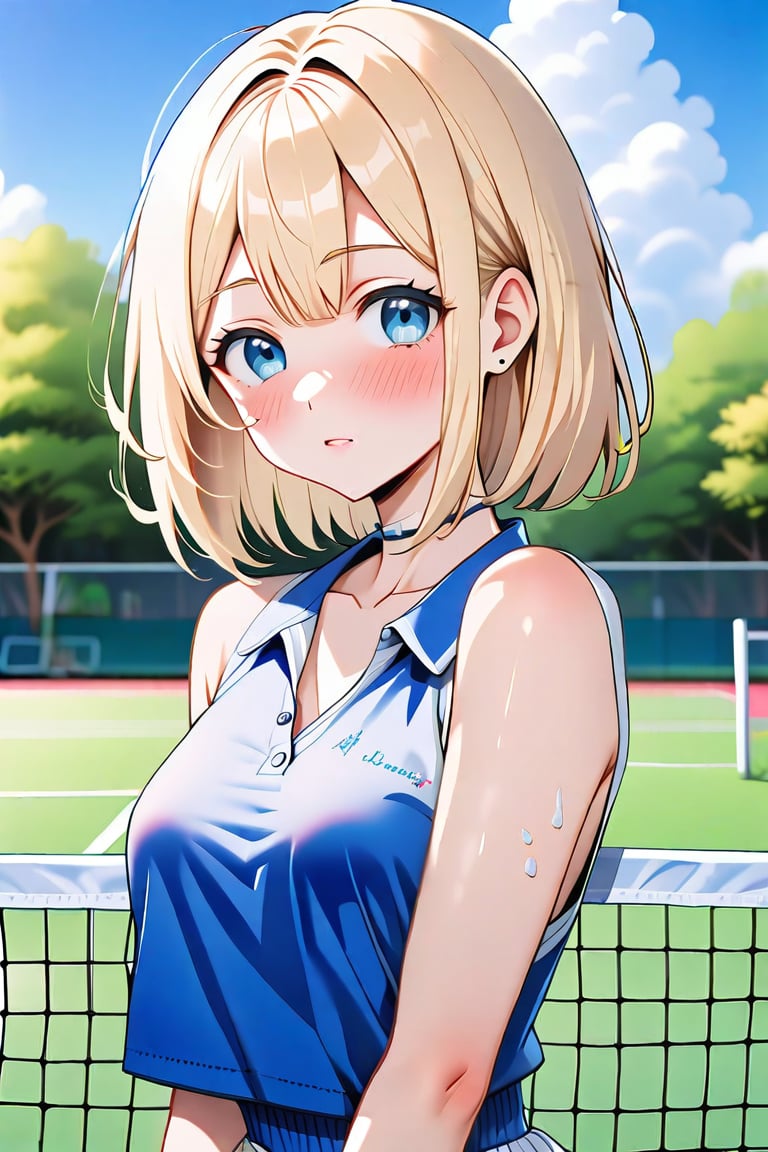 masterpiece, best quality, ultra-detailed, perfect anatomy, High detailed, detailed background, beautiful face, Claudia, nanasemei, nonomiyatsugumi, flat chest, extremely pretty face, beautiful face, ultra-detaild face, cute face, shiny blonde hairs, short hair, ultra-detailed eyes, round eyes, attractive eyes, deep blue eyes, beautiful eyebrow, (eyelashes:0.4), Bishojo, beautiful nose, parted_lips, Serious expression, blush,parted lips, During a tennis match, sport cap, holding, outdoor, sunny, dynamic angle, Three-quarter shot, dynamic pose, ,perfect fingers, score_9, score_8_up, score_7_up,anime style