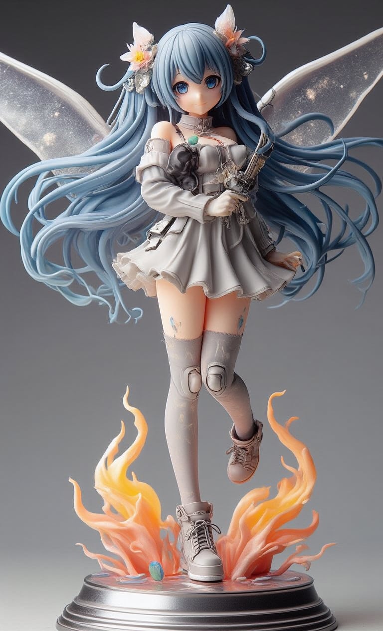 single girl, reality photo, 3D model, figure, resin, looking at the viewer, smiling, blushing, blue hair, long hair, floating hair, headgear, android, dress bodysuit, armor, weapon holding, mechanical wings , transparent resin flame effect parts in the background, on a futuristic pedestal,create figure