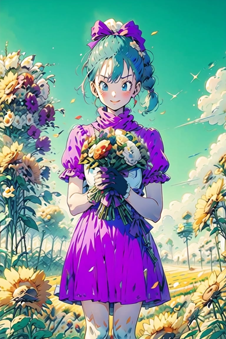 Bulma \(Dragon Ball\), light blue hair, blue eyes, smile, ((cowboy shot:1.5)),((holding a bouquet: 1.5)),flower, outdoors, sky,white background,
style:
belt, solo, gloves, dress, bow, ribbon, aqua hair, hair ribbon, braid, hair bow, scarf, tree, single braid, clothing writing, brown gloves, single glove, braided ponytail,( pink dress), purple scarf, character name, socks, boots
pastel, perfect light,CrclWc