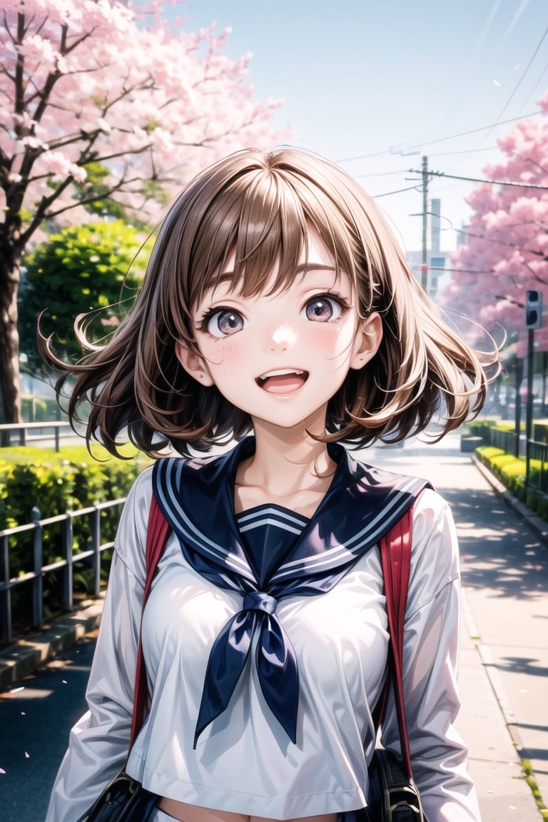 Masterpiece, beautiful details, perfect focus, uniform 8K wallpaper, high resolution, RAW photo, brown hair, medium curly hairstyle, clear sparkling deep eyes, smile, happy, open mouth,
A dreamy girl wearing a sailor suit is looking up at the sky while walking along a row of cherry blossom trees blown by the evening breeze. Watercolor illustration, anime style portrait of a teenager with a cute smile, one girl,perfect light