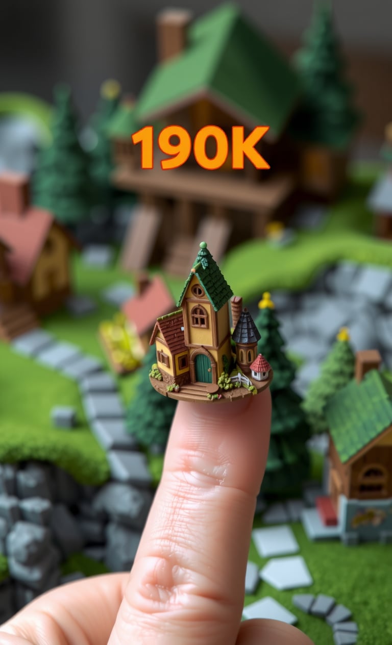 Create a hyper-realistic image of a miniature fantasy village standing on a human finger, suitable for high-end promotion. The village should be intricately detailed, with an emphasis on accuracy and realism. The style should be reminiscent of high-end architectural or product photography, with precise lighting and textures. The image should feature the logo "190K Likes! Thank you!" and contain no other imperfections. The miniature village and logo should be the main focus of the image, with the human finger acting as a subtle yet effective prop to highlight the scale and detail of the village. The overall mood of the image should be one of wonder and curiosity, inviting the viewer to explore the intricate details of the miniature world.