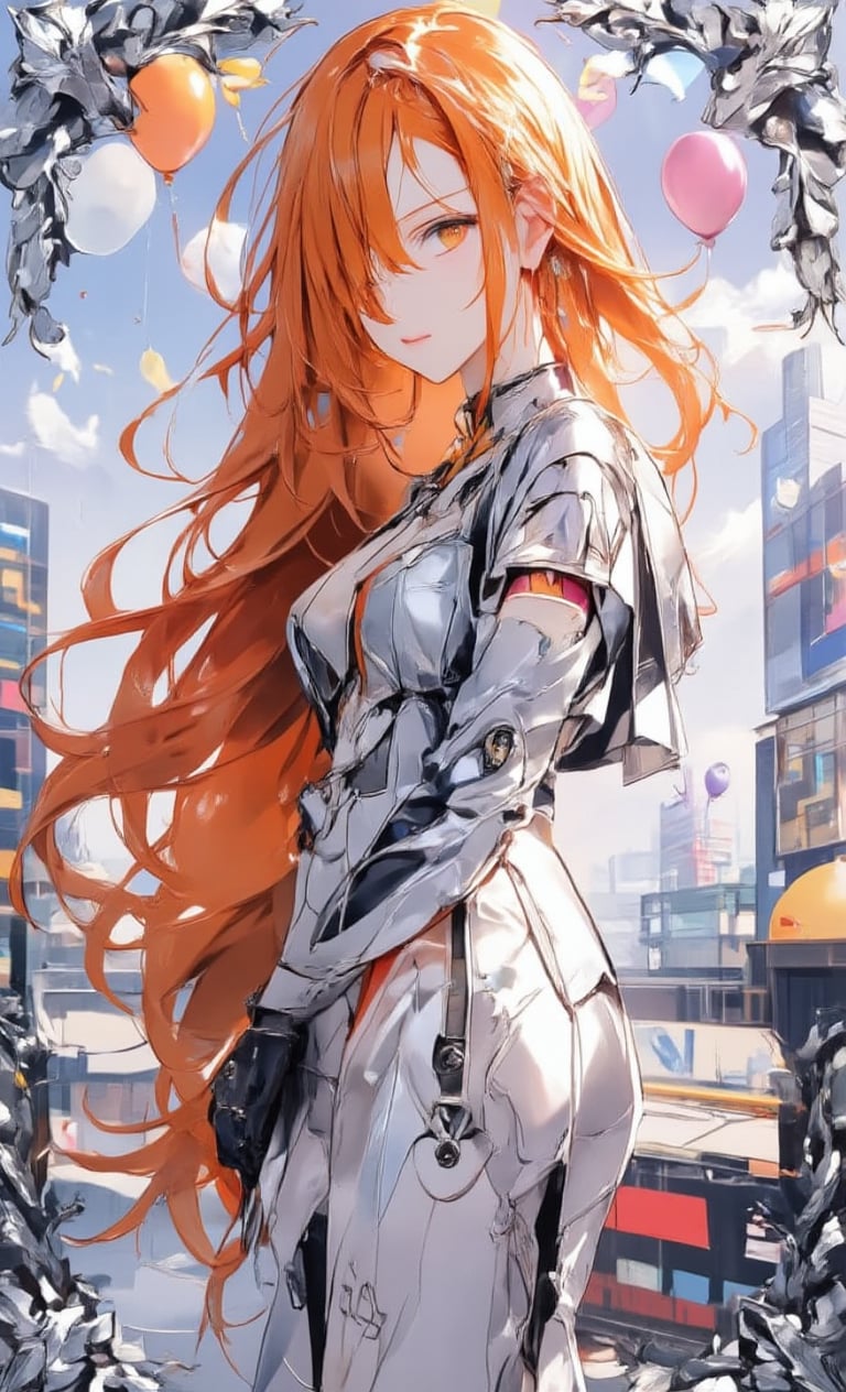 A girl with bright orange random straight long hair wears a futuristic silver jumpsuit. She stands on a city rooftop, with a bustling cityscape in the background. The camera angle captures her from the side, highlighting her relaxed smile. Colorful balloons float nearby, and a delicate silver decorative frame surrounds the scene, adding a stylish touch. ,acryli painting,Anime style,cool_Anime