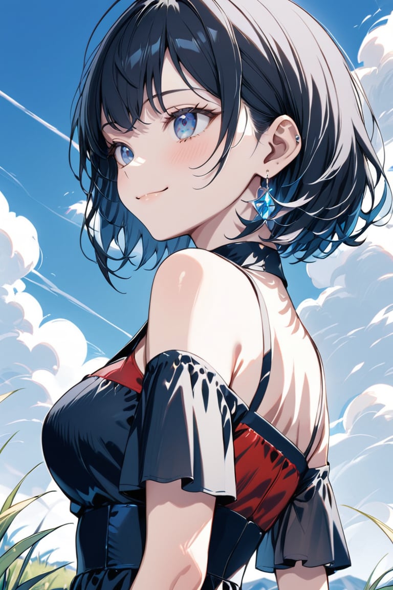 masterpiece, top quality, very aesthetic, absurd,score_9up, score_8_up, score_7_up, 1 girl, solo, chest, smiling, short hair, bangs, blue eyes, black hair, dress, off shoulder, medium chest, mouth closed, standing, outdoors, sky, sleeveless, daytime, clouds, from behind, white dress, blue sky, arms exposed, sleeveless dress, looking away, cloudy sky, grass