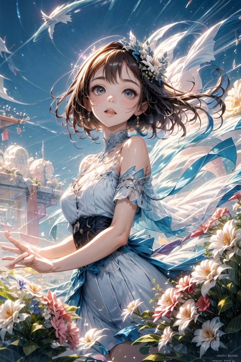 "((Ethereal)) depiction of an alien girl harmonizing with the clouds, vibrant splashes of color creating a symphony in the sky, flowers adding a touch of grace to this fantastical and dreamlike composition"