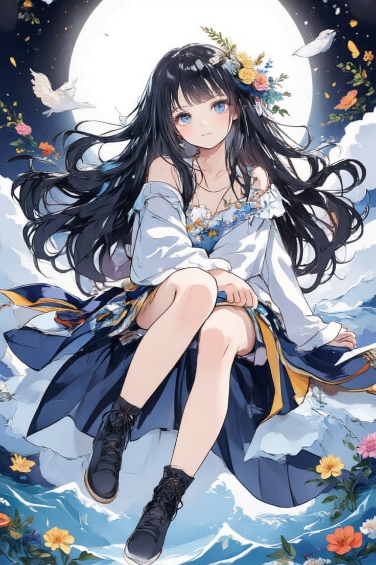 Masterpiece, Best Quality, 8K,1 girl, Ukiyo-e style, solo, long hair, looking at viewer, bangs, (((smile: 1.4))), black hair, hair accessory, long sleeves, dress, sitting, floating, y sideways, one leg up, very long hair, blue eyes, sky, socks, short boots, clouds, hair flower, wide sleeves, water, off-shoulder dress, frills, dress, bird, sea, wavy hair, moon, full moon, waves,acryli painting,Anime style,Made of adrr-zllj,ukiyoe,colorful