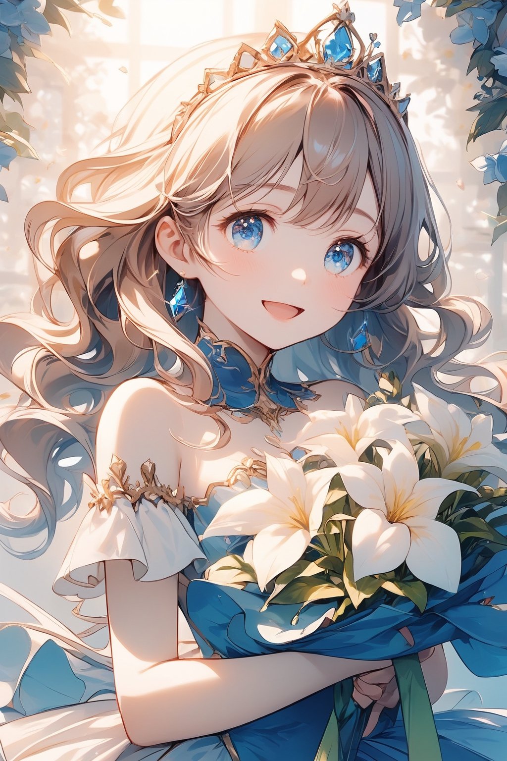 A stunning close-up shot of a princess in a mini dress, tiara, and holding a bouquet, surrounded by a lush flower garden bathed in soft, warm light. Her brown locks are styled in luscious curls, framing her transparent blue eyes that sparkle with happiness as she smiles brightly, her open mouth revealing a hint of central chest. The camera captures every exquisite detail, from the delicate texture of the flowers to the intricate folds of her dress, set against a uniform 8k wallpaper background.