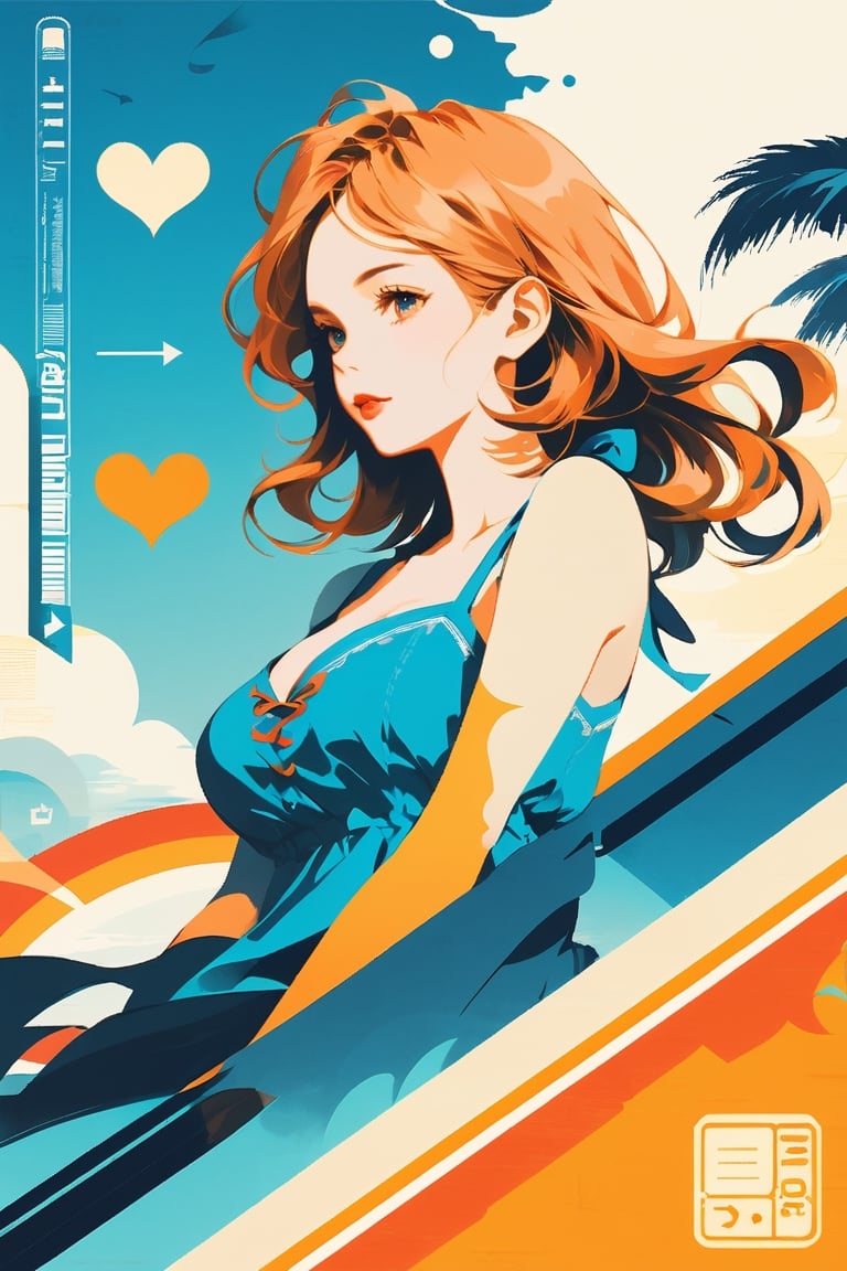 (Amazingly seductive abstract illustration: 1.4), Single girl, Focus on woman, middle of breast, cleavage, (Wearing sundress: 1.3), (Grunge style: 1.2), (Frutiger style : 1.4 ), (Colorful minimalism: 1.3), (Aesthetics of 2004: 1.2), (Beautiful vector shapes: 1.3), (Text "Cute!": 1.5), Text block. BREAK Palm trees, clouds, swirls, x \(symbol\), arrow \(symbol\), heart \(symbol\), gradient background, sharp details, supersaturated. BREAK Top quality, detailed and intricate, original artwork, trendy, mixed media, vector art, vintage, award-winning, artint, SFW, gh3a