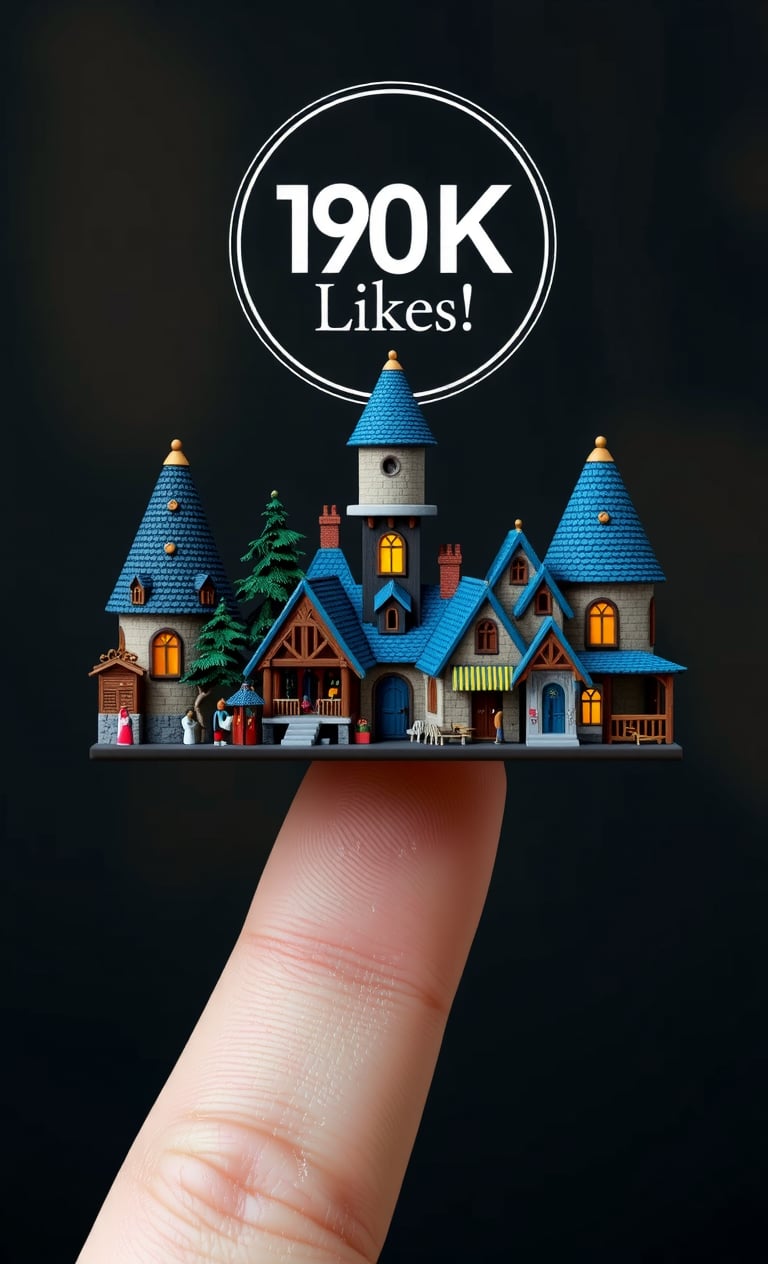 Create a hyper-realistic image of a miniature fantasy village standing on a human finger, suitable for high-end promotion. The village should be intricately detailed, with an emphasis on accuracy and realism. The style should be reminiscent of high-end architectural or product photography, with precise lighting and textures. The image should feature the logo "190K Likes! Thank you!" and contain no other imperfections. The miniature village and logo should be the main focus of the image, with the human finger acting as a subtle yet effective prop to highlight the scale and detail of the village. The overall mood of the image should be one of wonder and curiosity, inviting the viewer to explore the intricate details of the miniature world.