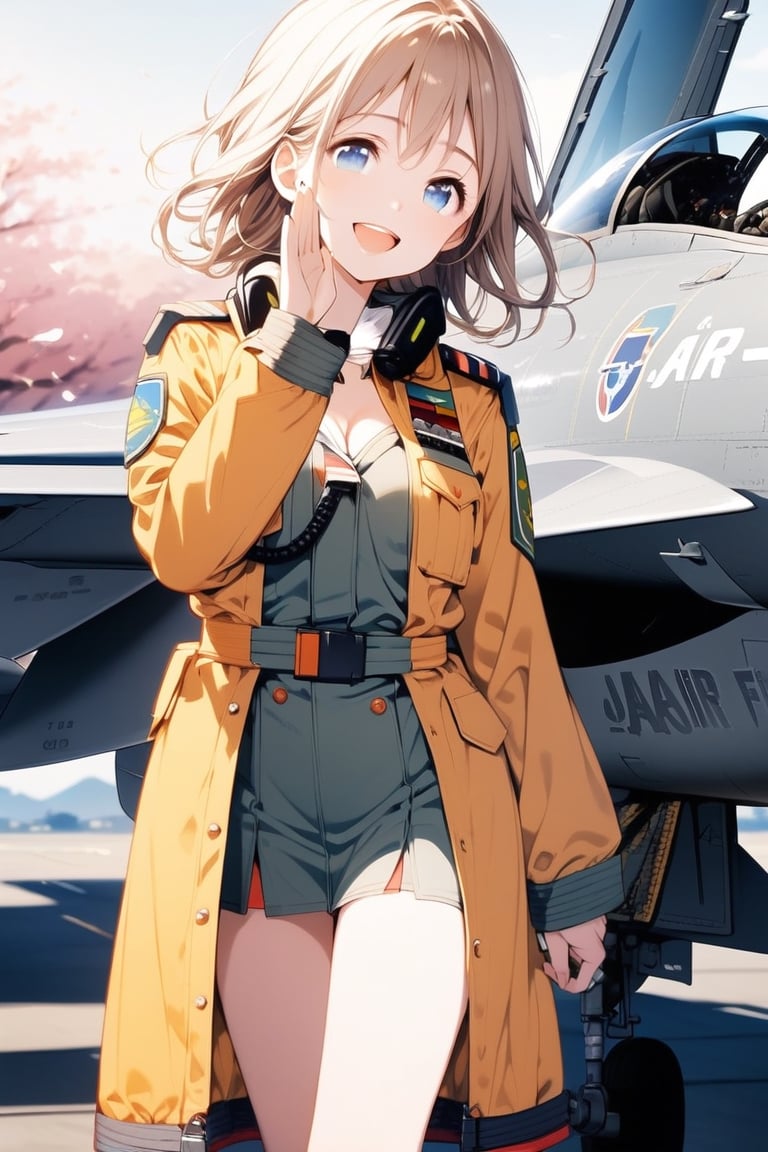 Masterpiece, beautiful details, perfect focus, uniform 8K wallpaper, high resolution, exquisite texture in every detail,
Straight long hairstyle, blue eyes, deep eyes that shine clearly, smile, happiness, open mouth,
1 girl, solo, open mouth, bangs, blue eyes, simple background, ((standing next to (Japan Air Self-Defense Force fighter jet F-16): 1.5)), salute, mid-chest, cleavage, ((khaki colored　pilot Suit:1.5)), chest is exposed