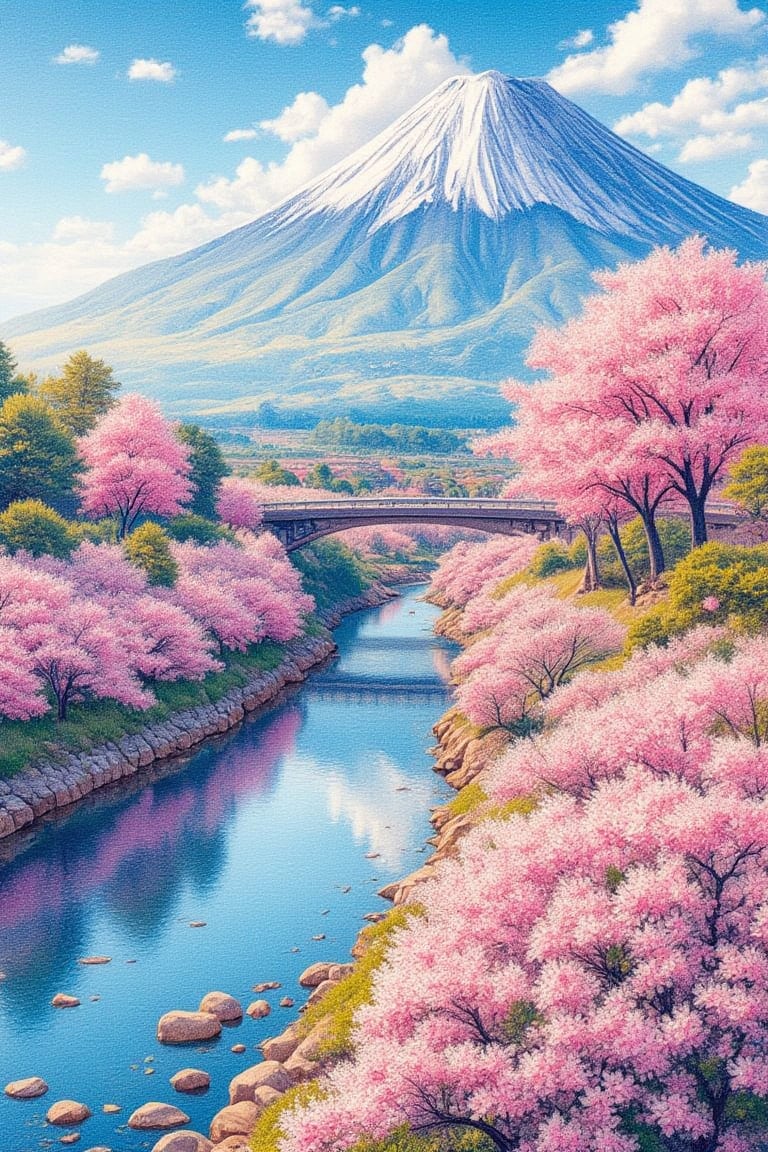 Outdoor, sky, daytime, clouds, water, trees, blue sky, no people, cherry blossoms, landscape, reflection, mountain, road, bridge, river, lake, Mt. Fuji, realistic, digital art, professional style, detailed image, masterpiece quality, attractive image, details,--3:4,--niji6,colored pencils