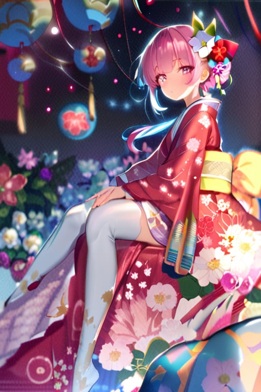 masterpiece,1girl, solo, looking at viewer, blush, short hair, bangs, hair ornament, thighhighs, long sleeves, sitting, pink hair, flower, japanese clothes, hair flower, pink eyes, kimono, star \(symbol\), obi, floral print, colorful