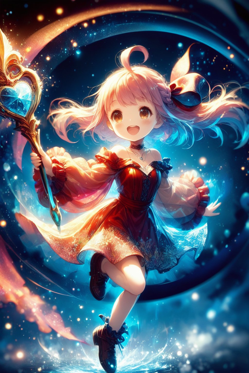 masterpiece, best quality, high quality, exquisite, detailed, beautiful, background, wonderland, flower garden, a girl, witch, cute creatures, phoenix, feather texture, smoke texture, parametric patterns, concept art, delightful, grinning, laughing, floating, flying, looking at viewer, facing right, front view, hime cut, blunt bangs, ahoge, french braids, pink hair, blonde, brown eyes, blue eyes, with irises, slender, glamorous, dress, off shoulder, undone clothing, hair ribbon, piercing, choker, necklace, ribbon, with a staff, cute face, Epic Battle Scene, Fun Scene, gradient black background, with a flower, fantasy, kawaiipunk, manga, flat illustration, heart shape, star shape, diamond shape, spiral shape, hard-edged, soft surface, gouache painting, ink drawing, sharpen, double exposure, lens flare, dramatic lighting, cinematic lighting, glowing, in focus with blurred background, dramatic contrast, pastel colors, vivid colors, pale colors, cowboy shot, front view, dutch angle shot, dynamic angle, cowboy shot, american shot, leaping figure composition, golden triangle,Deformed,noc-mgptcls