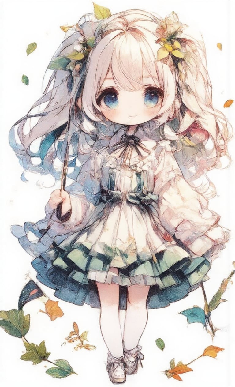 one girl, solo, long hair, looking at viewer, smiling, happy, mouth open, bangs, simple background, long sleeves, white background, dress, holding in hand, pigtails, blue eyes, standing, full body, white hair, multicolored hair, sleeves removed, green hair, green gradient leaf frill, dress, :o, striped hair, gradient hair, leaves, white footwear, wand with leaf tip, leaf hair accessory,acryli painting,Anime style,ct-animepopstyle,colored pencil drawing,Chibi-chan