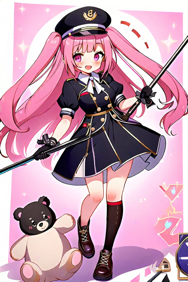 (score_9, score_8_up, score_7_up), 1girl, pink hair, solo, long hair, gloves, two side up, hat, holding, black gloves, smile, black footwear, open mouth, looking at viewer, short sleeves, black headwear, dress, teddy bear, black dress, black eyes, peaked cap, bow, boots, weapon, sword, bowtie, holding weapon, blush, very long hair, skirt, :d, standing, belt, holding sword, grey eyes, uniform,anime style