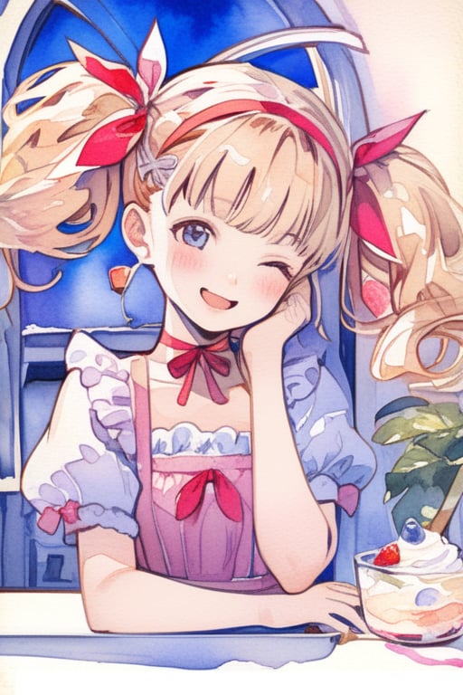 Masterpiece, Top Quality, Aesthetic, (((Background Blur: 1.8))), ((Watercolor Style: 1.5)), Blake, One Girl, Solo, Blushing, Smiling, Open Mouth, Bangs, Blonde Hair, Hair Accessory, Ribbon, Twin Tails, Eyes Closed, Upper Body, Short Sleeves, Hair Ribbon, Hairband, Food, Choker, Indoors, Window, Fruit, Pink Ribbon, Hand on Own Face, Ice Cream, Strawberry, Spoon, Hand on Own Cheek, Parfait,watercolor \(medium\)