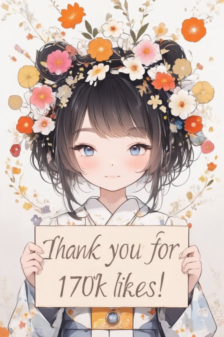 A very cute girl is holding a sign, and the sign says in English text "Thank you for 170K likes!". Text, illustration, details, realistic, kimono, floral kimono, obi, cowboy shot, Japanese pattern background, UHD, beautiful detailed eyes, beautiful details, warm smile.,acryli painting