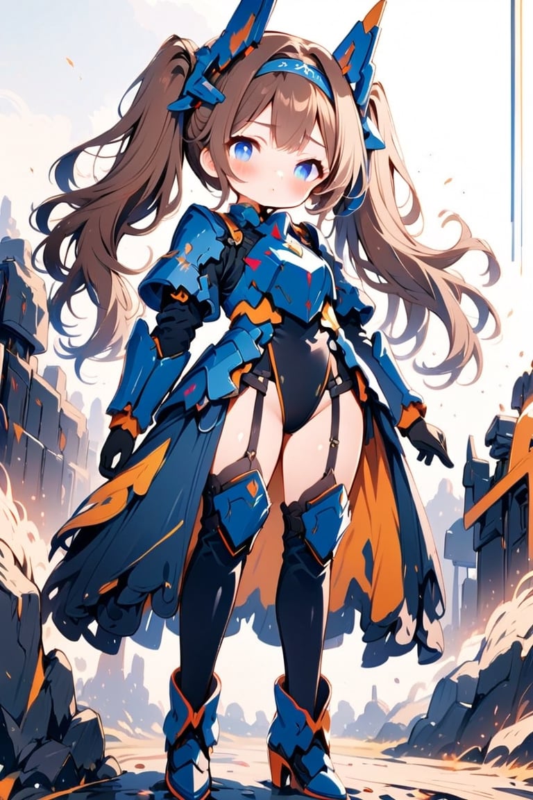 Masterpiece, beautiful details, perfect focus, uniform 8K wallpaper, high resolution, exquisite texture in every detail,
1 girl, solo, long hair, looking at viewer, blush, bangs, blue eyes, simple background, brown hair, gloves, white background, armored suit, twintails, standing, full body, colorful hair, hair band, boots, black gloves , armor, headgear, mecha girl