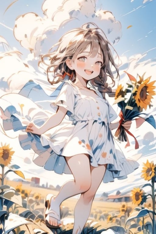 masterpiece, top quality, aesthetic, (watercolor style: 1.4), one girl, solo, long hair, looking at viewer, cowboy shot, blushing, smiling, happy, open mouth, brown hair, dress, holding in hand, standing, pink hair, braids, flowers, short sleeves, outdoor, blue clear eyes, sky, teeth, daytime, puffy sleeves, clouds, white dress, twin braids, blue sky, puffy short sleeves, petals, sandals, standing on one leg, ;d, sunflower, sunflower field, holding bouquet, field,Deformed