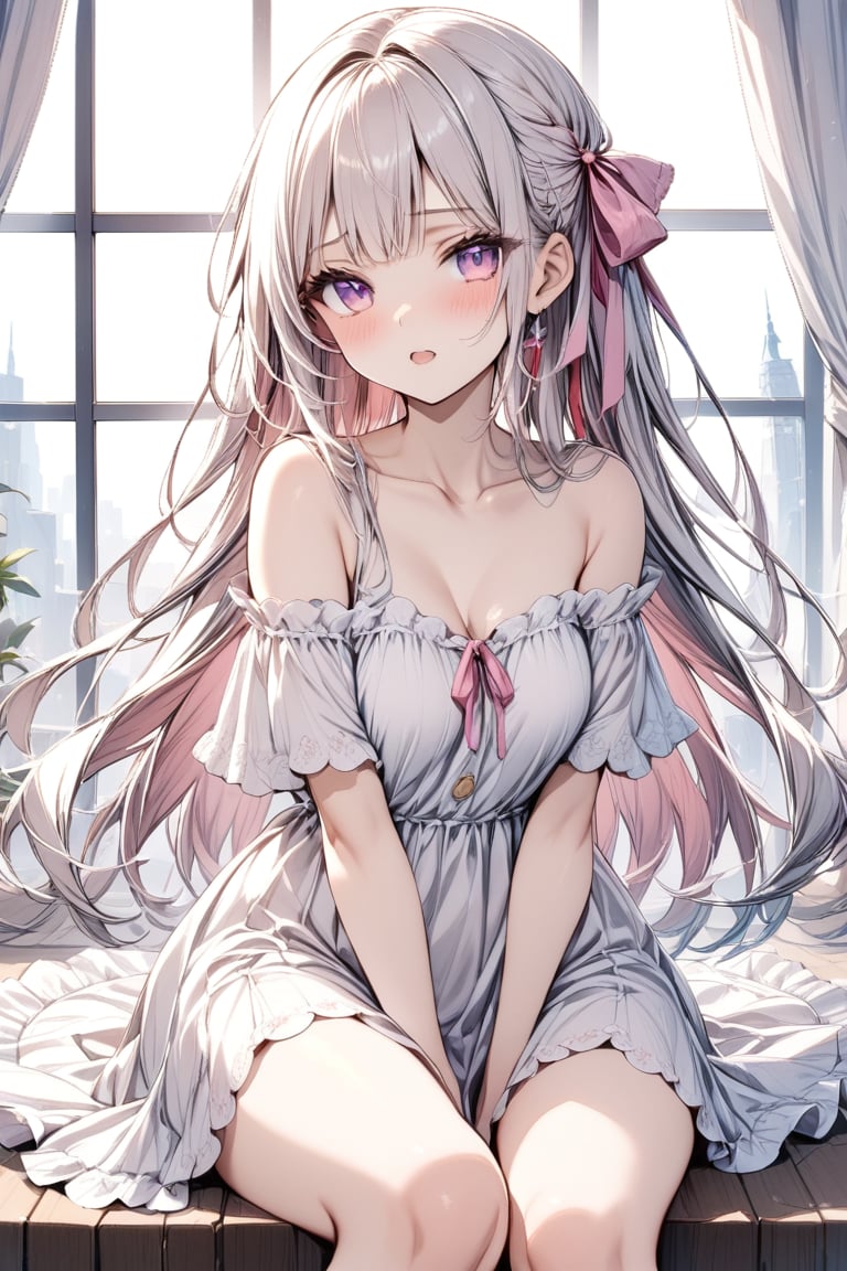 Masterpiece, 1 girl, solo, long hair, looking at viewer, blushing, bangs, dress, ribbon, exposed shoulders, sitting, very long hair, closed mouth, purple eyes, collarbone, hair ribbon, white hair, hair ribbon, ruffles, open lips, indoors, pink eyes, off shoulder, white dress, head tilted, window, ruffled dress, curtains, pink ribbon, between legs, pink ribbon, hand between legs, off shoulder dress