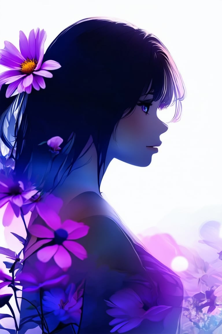 anime style,
masterpiece,silhouette of a woman in profile. Inside the silhouette you can see the double exposure with a flower, masterpiece, ((double exposure)), proportional