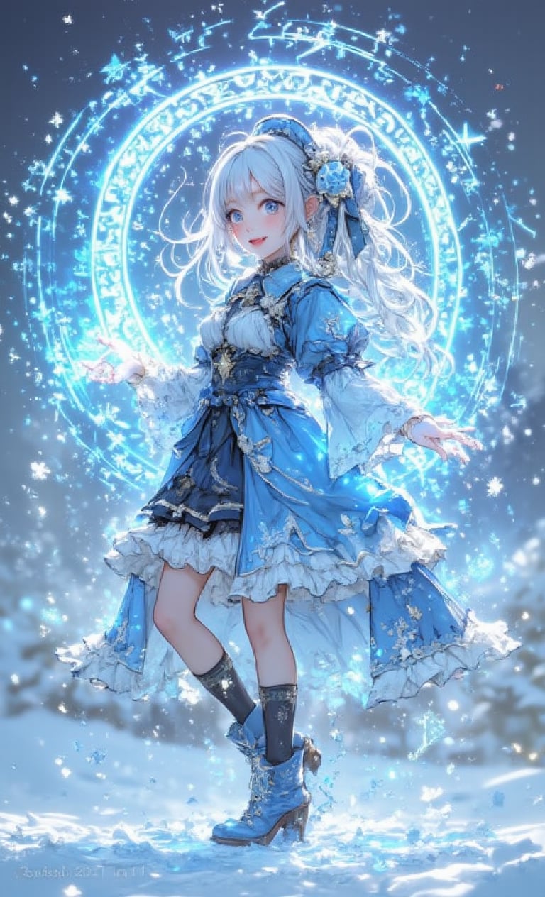 A smiling girl has white snow-like hair and wears an ice crystal hair ornament. She wears a blue frilly coat and emits snow magic from her hands. The background has simple winter colors, and inside the circle is a beautiful double exposure of a snowy landscape. The camera is angled from the side to emphasize her figure in the falling snow, adding light effects and a sparkling snow effect all around her. .,fantasy girl,cool_Anime,VNS_Add more details