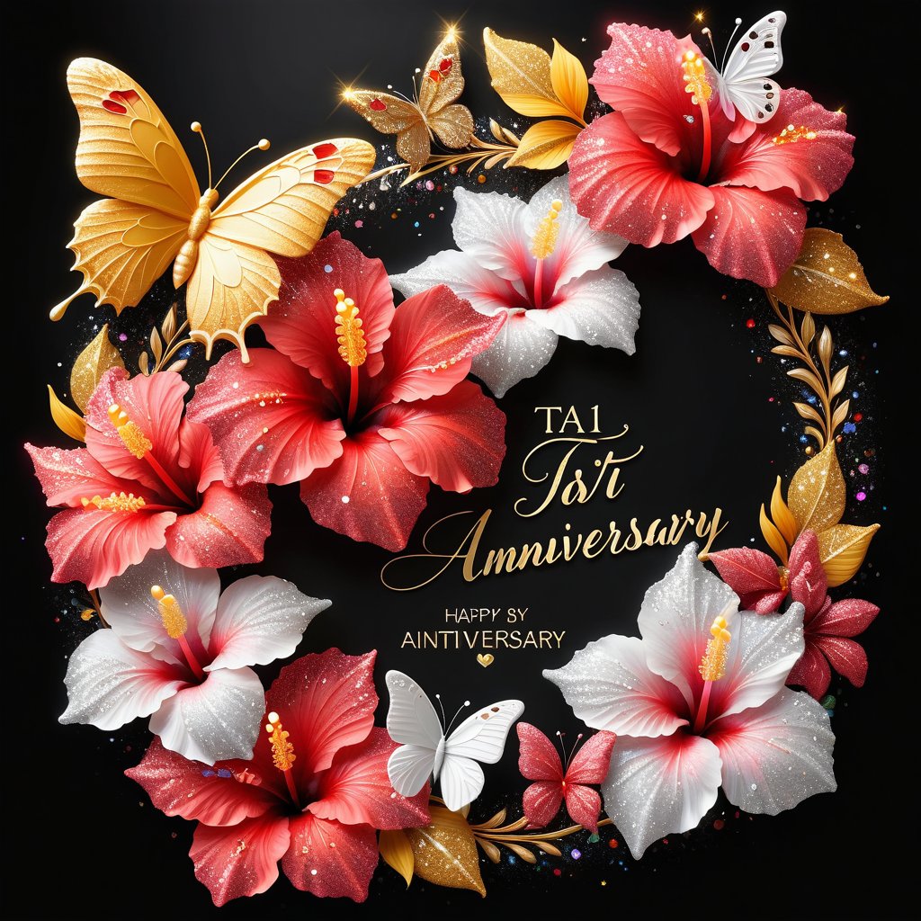 (Top quality, 8K, high resolution, masterpiece), ultra detailed, simple background, flowers, crystals, black background, (text "TA 1st Anniversary"): 1.6), hibiscus, crown, butterfly, red, yellow, white flowers, colorful hibiscus,glitter