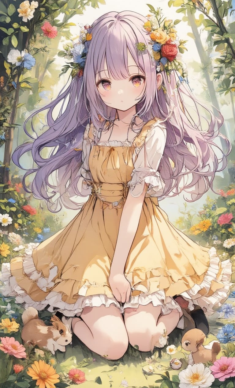 A cute girl wearing a frilly yellow dress is playing with small animals in the forest. Her hairstyle is long and straight, and her hair color is purple. In the background are green trees and colorful flowers.

,acryli painting,colored pencil drawing,Anime style