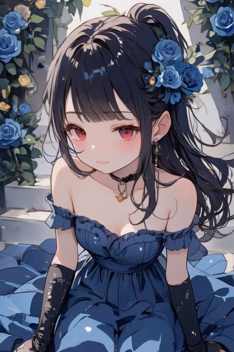 1 girl, ((Top-down shot: 1.4)), solo, long hair, chest, looking at viewer, blushing, smiling, bangs, hair accessory, red eyes, dress, off-the-shoulder, jewelry, medium bust, sitting, mouth closed, collarbone, ponytail, flowers, side locks, earrings, small breasts, sleeves off, choker, shiny, blurry, shiny hair, strapless, depth of field, blue dress, roses, black choker, high ponytail, bridal gauntlet, strapless dress, blue flowers, stairs, long dress, blue roses, piano,acryli painting,watercolor painting