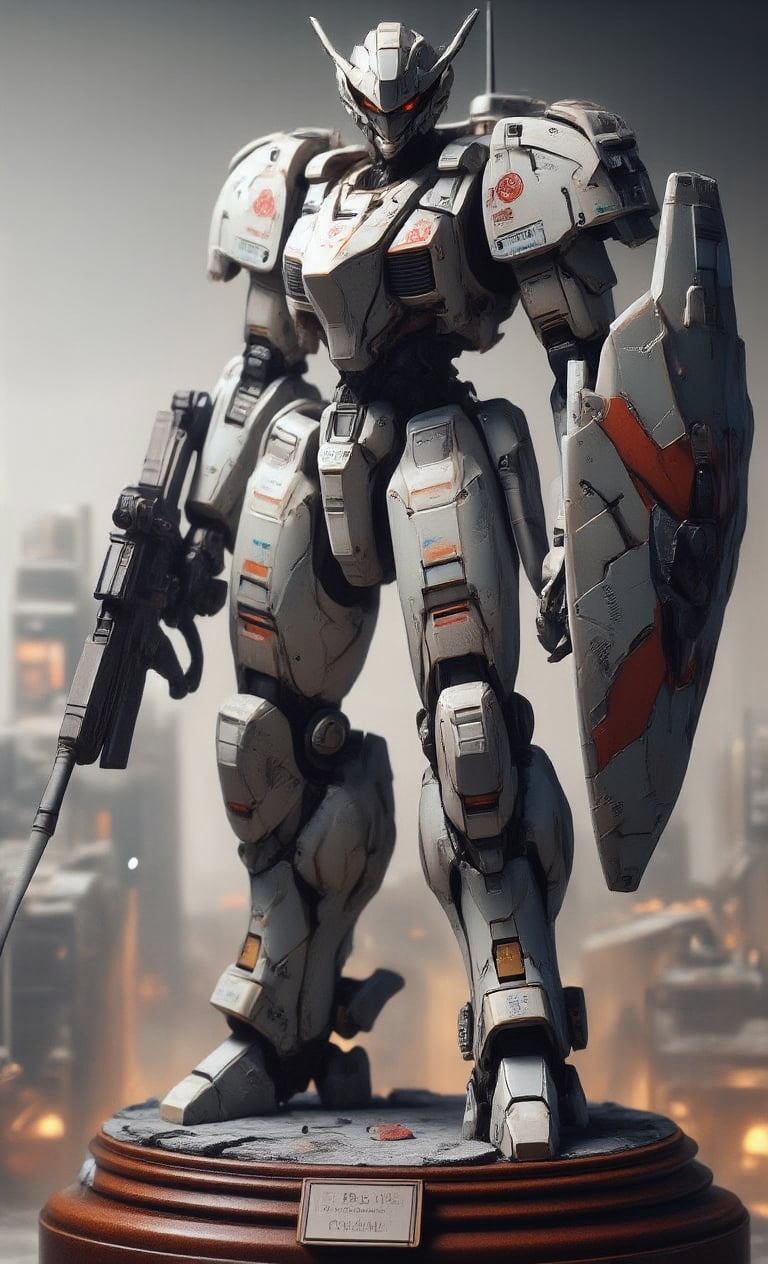 Masterpiece, plastic model, diorama of a robot figure, standing on a pedestal, in a city area, equipped with a large Gatling gun and shield. The robot is painted in a white and red color scheme with splitter camouflage. The spectacular texture of the stunning 3D rendering is enhanced by several metal textures. The blurry light gray background and strong lighting make the subject stand out even more.,real robot,create figure 2