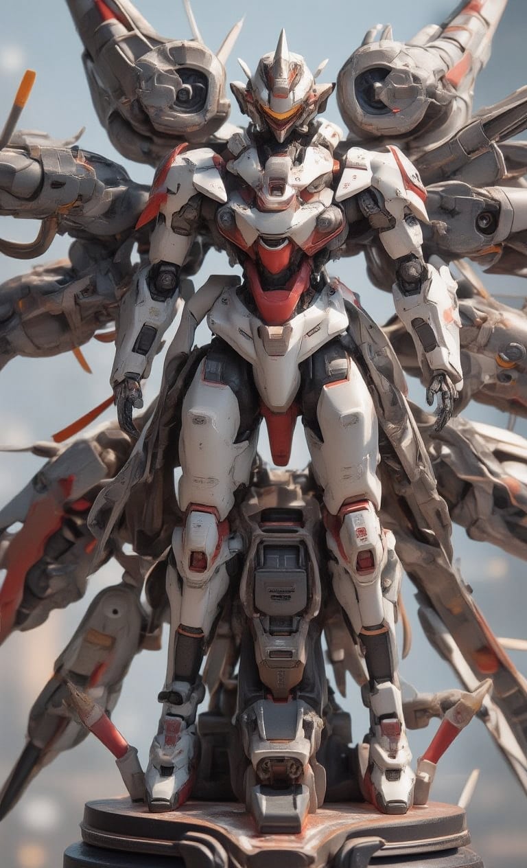 Masterpiece, plastic model, diorama of a robot figure, standing on a pedestal, in a city area, equipped with a large Gatling gun and shield. The robot is painted in a white and red color scheme with splitter camouflage. The spectacular texture of the stunning 3D rendering is enhanced by several metal textures. The blurry light gray background and strong lighting make the subject stand out even more.,create figure,real robot