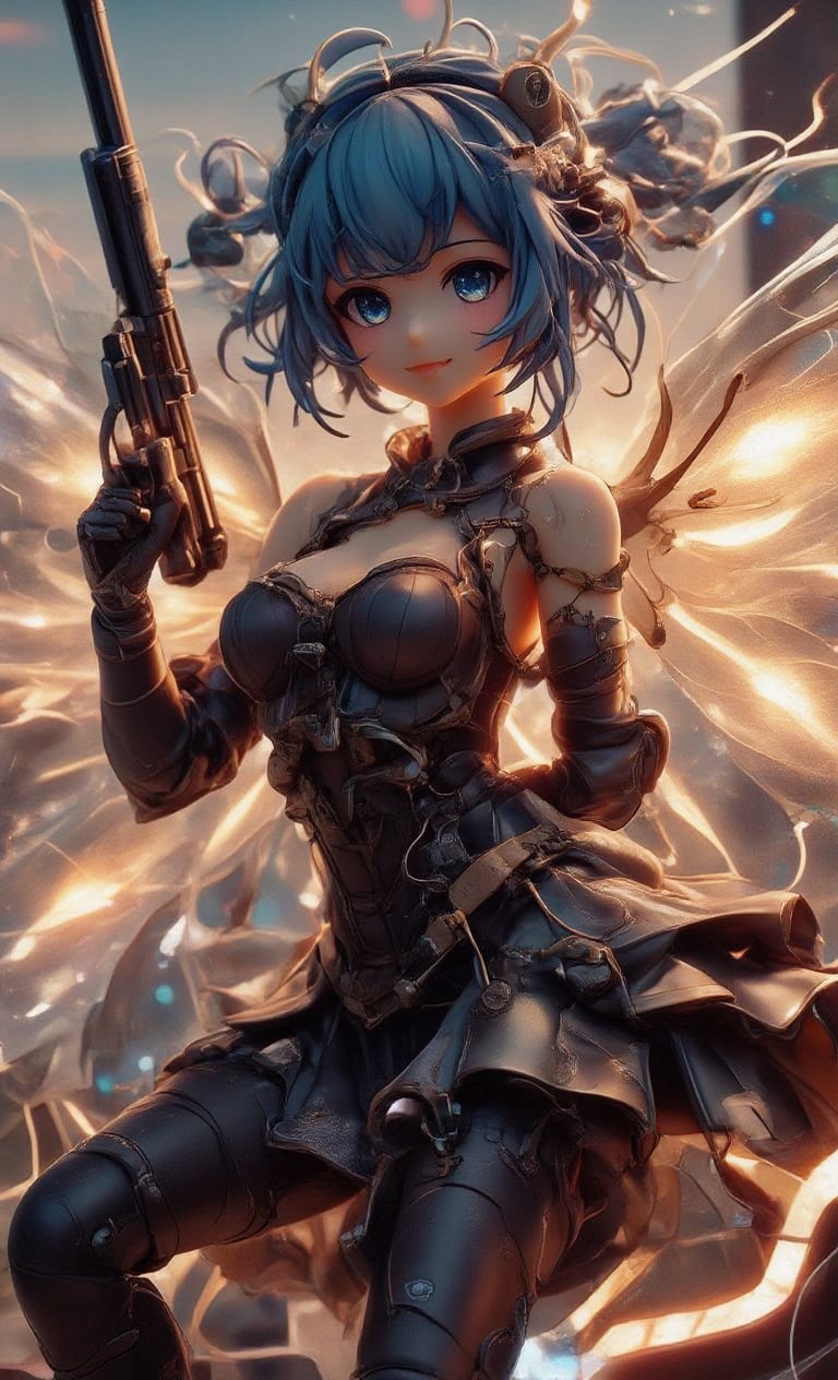 A dynamic pose: A solo Mecha girl stands triumphantly, framed against a cityscape backdrop of neon-lit skyscrapers at dusk, with the sun's warm glow casting a golden light on her celestial blue hair. Her bright smile and soft blush as she gazes directly at us, accentuating her striking features, radiate confidence and power. The transparent resin wings with flame-effect glow, crafted in intricate detail, complement the armor-plated dress-bodysuit that wraps her lithe figure like a futuristic exoskeleton. Confidently grasping her weapon, she sits atop a sleek futuristic pedestal, surrounded by a halo of electricity and energy, as if ready to unleash a burst of power at any moment.,create figure,real robot