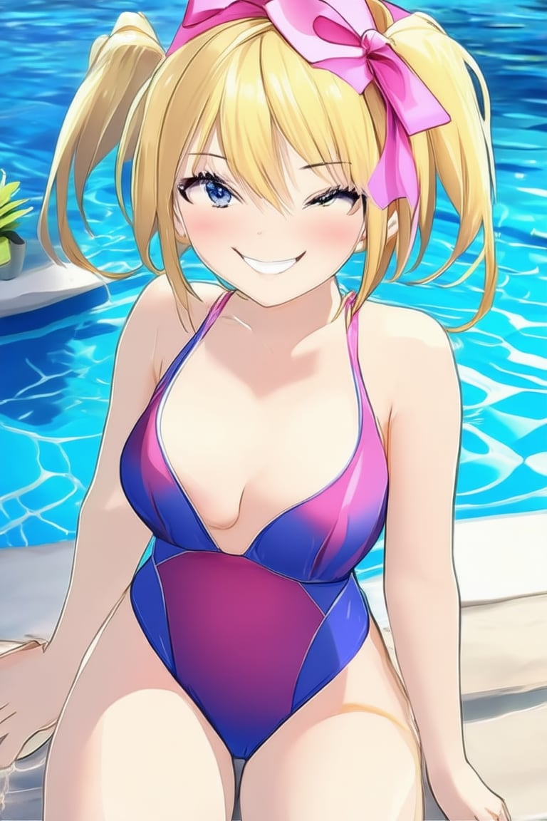 anime style,anime girl,
1girl, very beautiful girl, smiling, swimsuit, closed mouth, stunning image, smile, looking at viewer, cute pose, blonde hair, pool in background, ribbon, masterpiece quality