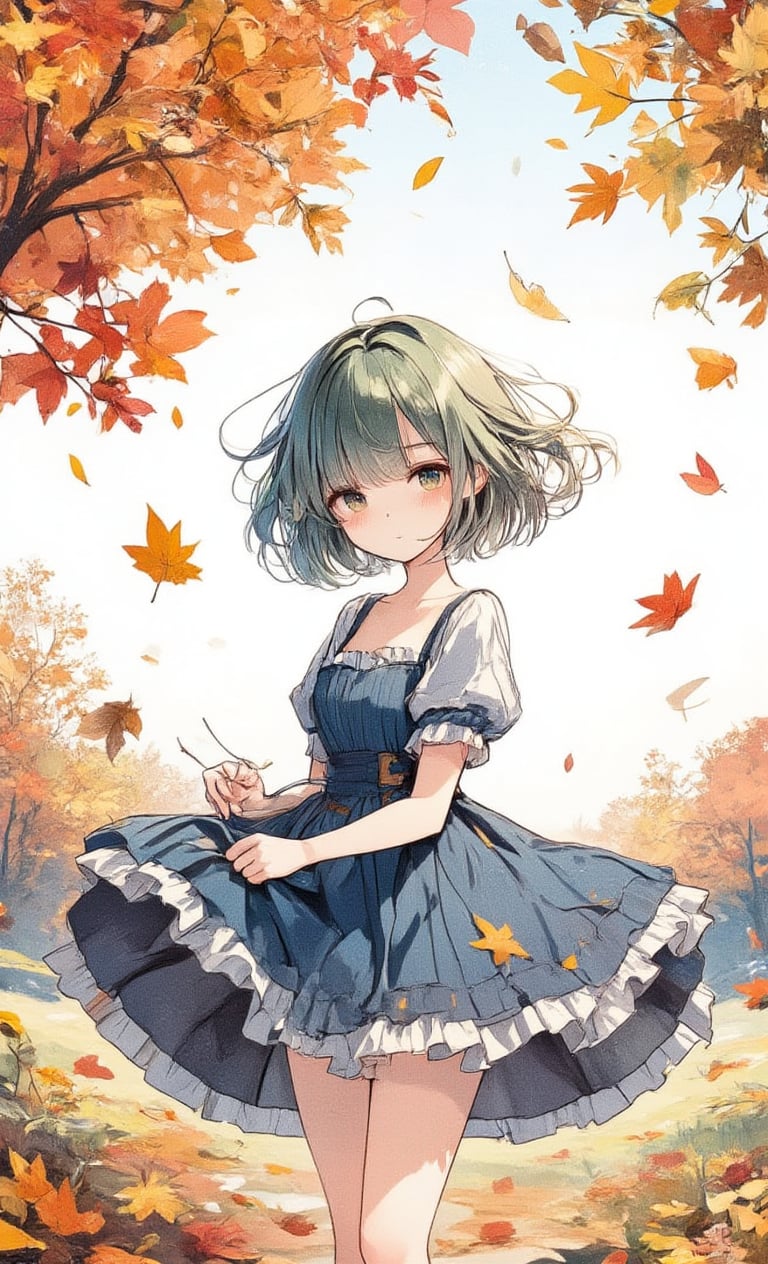 A girl in a frilly blue dress is collecting leaves among the autumn leaves. Her hairstyle is a short bob and her hair color is green. Colorful fallen leaves are scattered around, and a calm autumn sky spreads out in the background. ,acryli painting,colored pencil drawing,Anime style